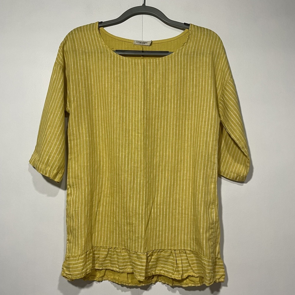 Linen Ruffle bottom‎ Top Small Mustard Yellow Striped Lightweight Summer Coastal